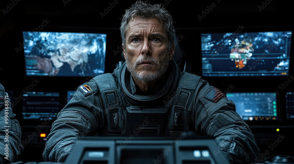 Poster an astronaut in a space suit focuses intently on multiple screens showing earth and star maps inside