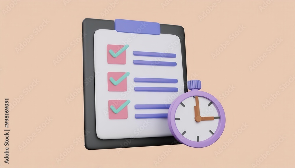 Poster checklist and timer concept representing workflow deadline and productivity in a professional office