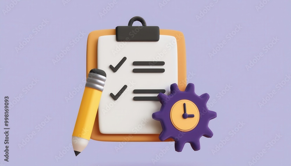 Poster checklist and planning concept with gear and clock icon on clipboard productivity workflow and time 