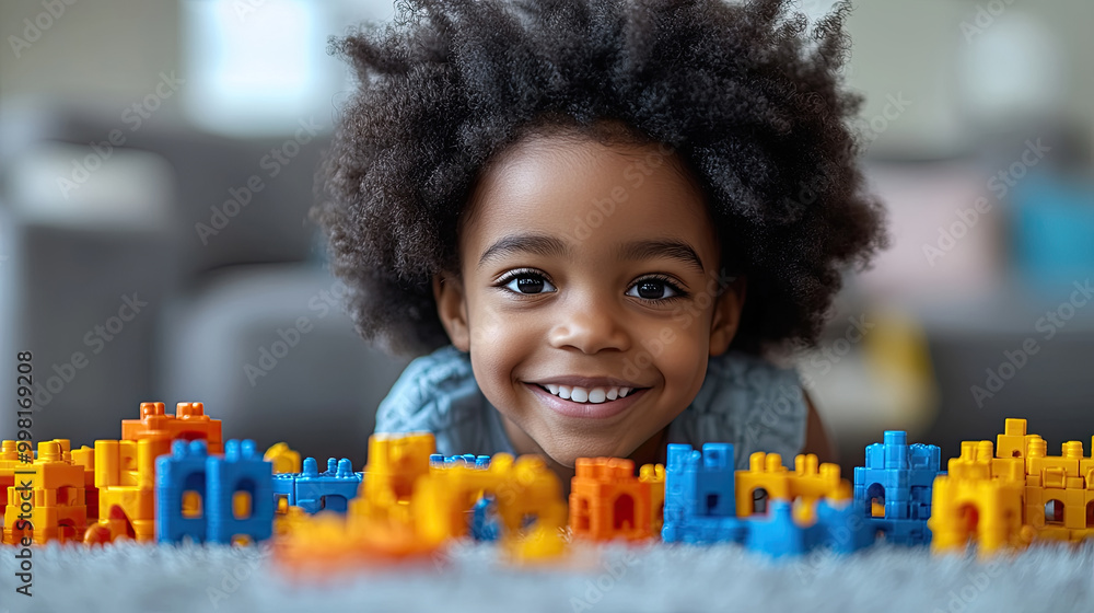 Poster a cheerful child smiles while creating intricate castle designs with colorful building blocks on a s