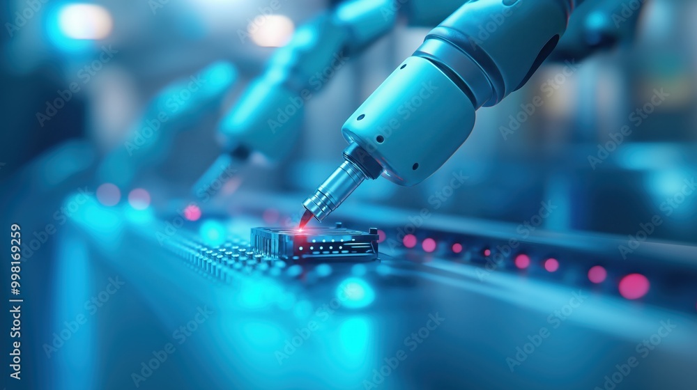 Poster close up view of a robotic arm precisely assembling an electronic circuit board component in a high 