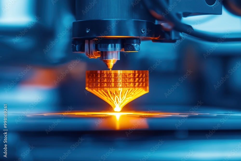 Poster close up view of a 3d metal printing machine in action with bright laser light illuminating the prec