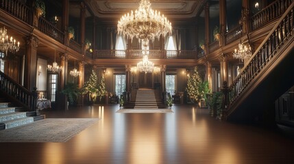 Abandoned mansion hosting a Halloween ball eerie chandeliers flickering