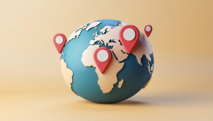 Conceptual 3D rendered image depicting a global travel and theme  The image shows a detailed 3D world map with various location markers or pins placed across different continents and countries