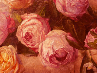 Bright bouquet of pink roses flowers. oil acril painting on canvas