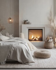 White and Gray Bedroom Interior with Fireplace, Carpet, Dry Plants, and Decor