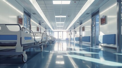 Obraz premium A hospital hallway with a row of beds and a few chairs