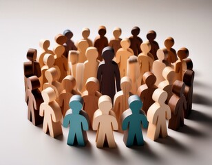 a paper cut of of a crowd of diverse people; wooden figures around the leader