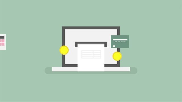 Online bill payment, Online taxes, Invoice generator online, Bank statement on laptop scree, Credit card bill online. Animation video clip.