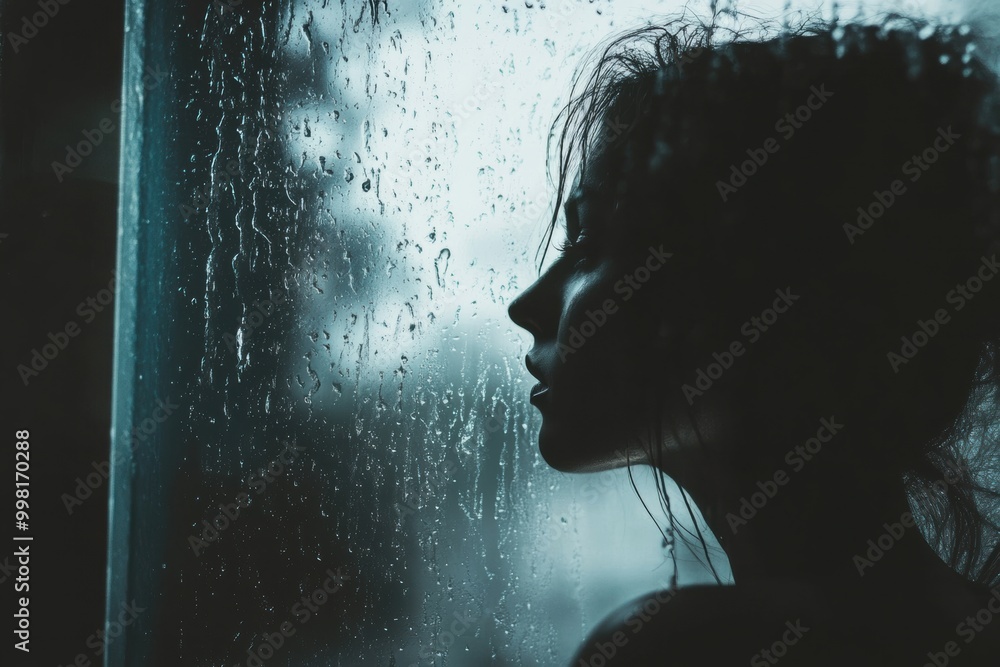 Aufkleber a lone figure stands by a rain-soaked window, lost in introspection as raindrops trickle down the gl