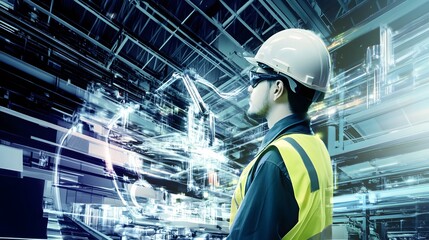 Fototapeta premium A man in a hardhat and safety vest looks at a hologram of a factory setting.