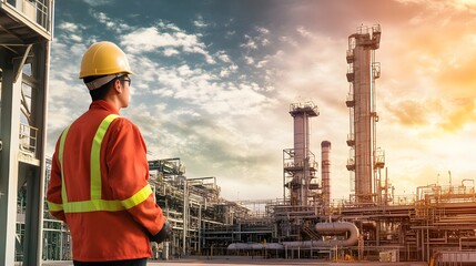 A man in a hard hat and safety vest stands looking at a large industrial facility.