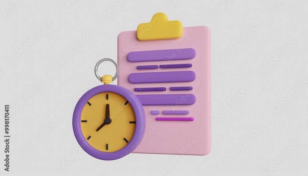 Poster purple clipboard with checklist and yellow timer clock organizing and optimizing time management for