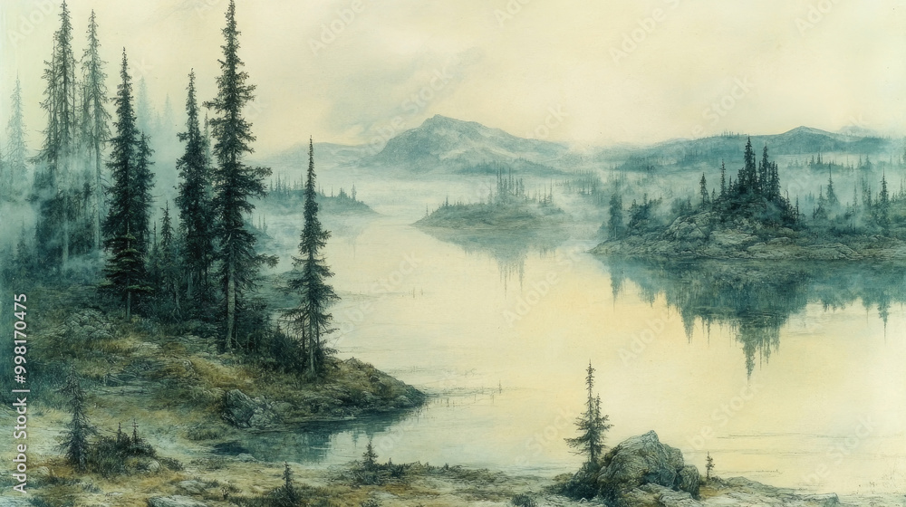 Poster A tranquil landscape features a calm lake reflecting misty trees and distant mountains at dawn, creating a serene atmosphere in nature