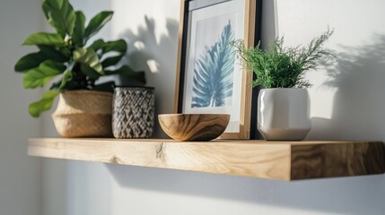 A wall-mounted shelf in an entryway holding a bowl for keys, a plant, and a framed picture.