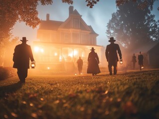 American vintage Halloween ghost tour old haunted house in the background