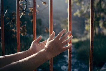 Hands resting on reddish fence bars, sunlight filters through, blurred natural background