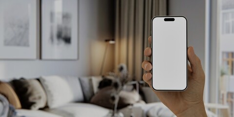Caucasian White middle aged male using smartphone with a blank white screen. Interior design,...
