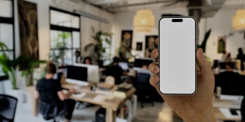 Caucasian White old male using smartphone with a blank white screen. Office space, modern office, workers apps mockup. Vertical phone orientation