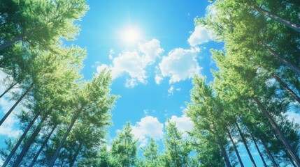 Fototapeta premium A sunny day in Japan with green pine trees reaching up toward a bright blue sky, creating a harmonious scene that blends the beauty of nature and open space.
