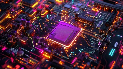 Obraz premium An abstract shot of a CPU on a circuit board with vibrant lighting and digital patterns.