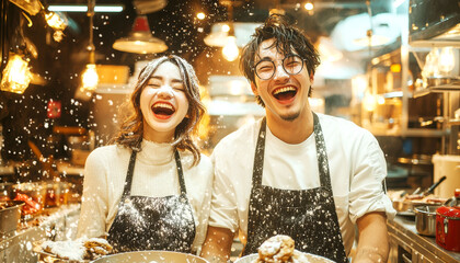 A couple laughing while baking cookies together at home on a lazy Sunday, Sunday baking, sweet moments