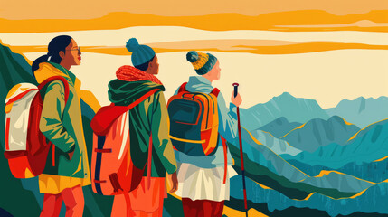 Fototapeta premium Hikers stand together, enjoying a stunning sunset over the mountains, dressed in warm clothing and surrounded by vibrant hues of nature