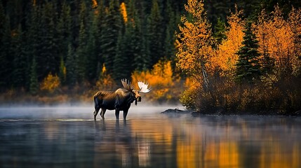 Majestic Moose in Autumn Forest with Foggy Lake Reflection
