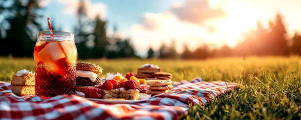 A picnic blanket spread with snacks and drinks, surrounded by friends on a lazy Sunday afternoon, Sunday picnic joy, weekend vibes