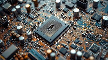 Circuit board with a central processing unit (CPU) and various microelectronics surrounding it.