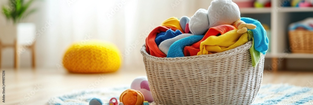 Aufkleber Brightly colored children's clothes and soft toys fill a laundry basket in a sunny room, creating a cheerful and playful atmosphere. Generative AI