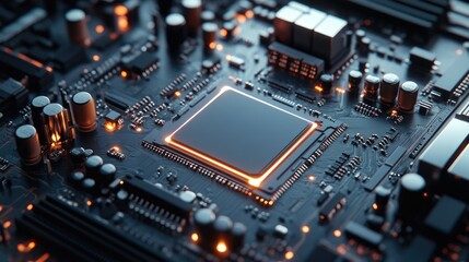 Close-up of a modern CPU surrounded by capacitors, resistors, and other components on a motherboard.