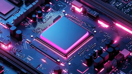 Fototapeta premium CPU installed on a motherboard, surrounded by power regulation circuitry and memory slots.