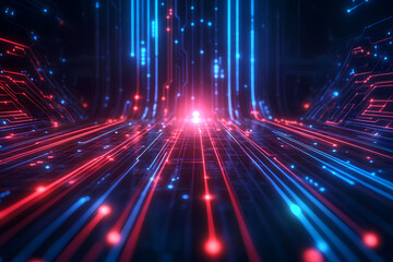 Neon Red and Blue Circuit Techno Background with Glowing Central Point