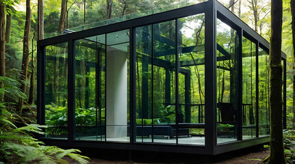 Modern Glass House in Lush Forest with Tranquil Atmosphere