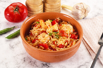 Italian pasta orzo with prawn