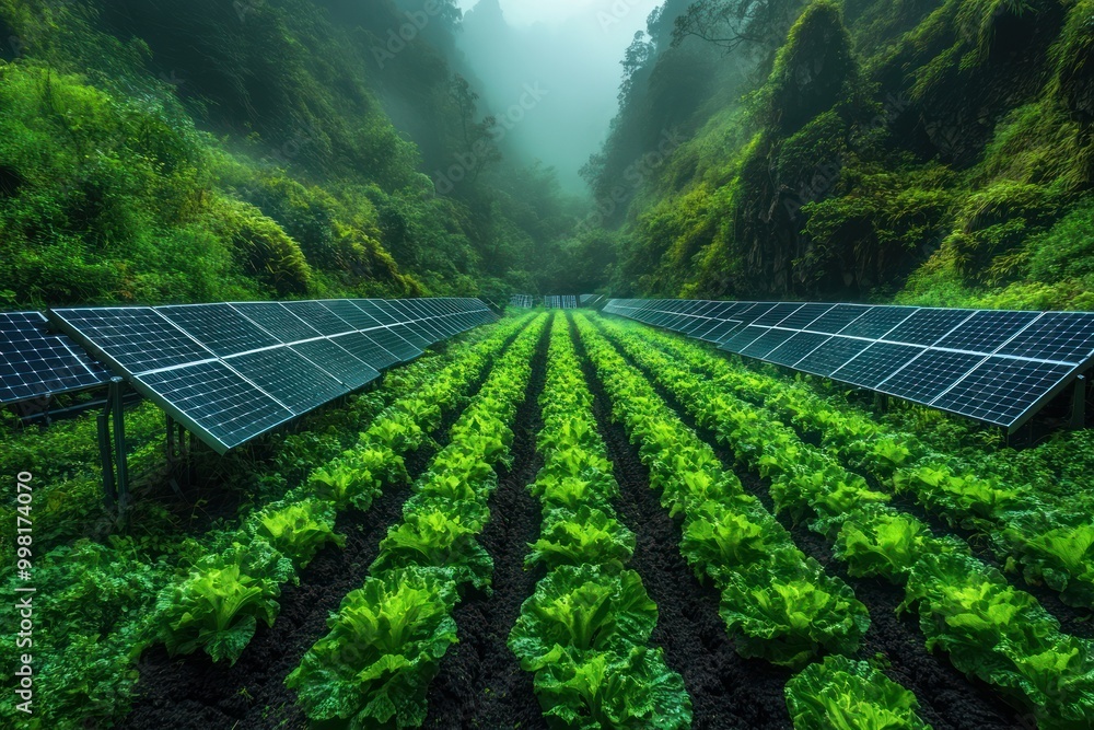 Sticker A field of green crops is illuminated by the sun's energy captured by solar panels.