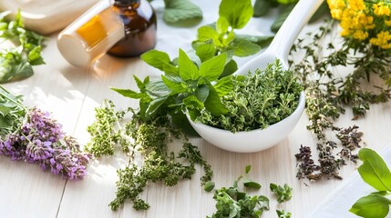 Fresh herbs arranged on a white surface, perfect for cooking or aromatherapy.