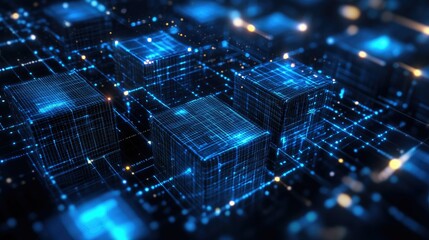 Obraz premium Abstract 3D grid of interconnected data blocks, symbolizing blockchain and digital analysis, set in a futuristic blue cyberspace background.