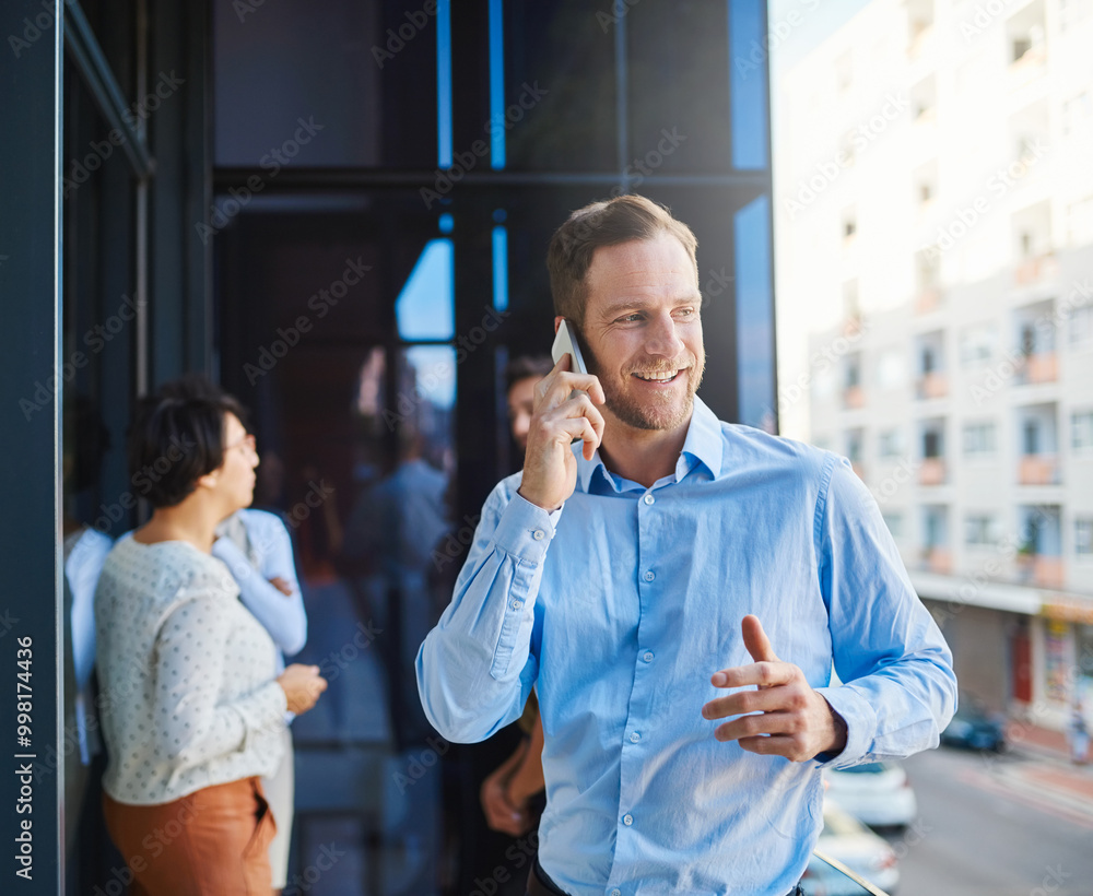 Aufkleber Business man, phone call and office balcony with public relations worker and planning. City, working and mobile networking with professional and consultation for press release and chat about project