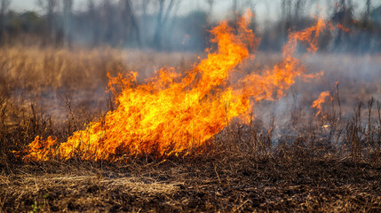 a fire burning in a field of dry grass. The flames are bright orange and yellow, contrasting with the brown and dry vegetation. The fire appears to be spreading across the ground, with smoke rising in