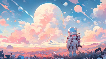 Astronaut scene, featuring a soft-colored spacesuit, a whimsical planet landscape, and a dreamy pastel sky.