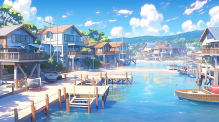 Coastal Village with Boats and Wooden Docks