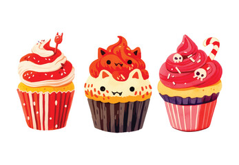 Watercolor Halloween cupcakes set. spooky decorated muffins. Halloween food for holiday designs
