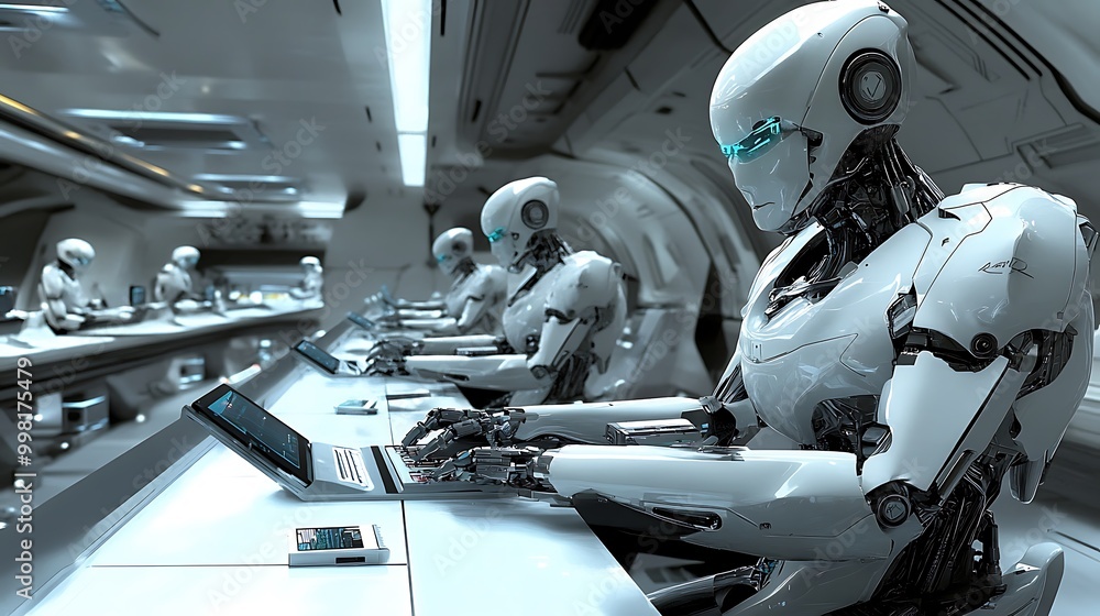 Poster a futuristic electronics and robotics factory producing next-generation devices and machines