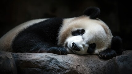 Adorable giant panda bear curled up in the corner of its zoo enclosure, fast asleep with a peaceful expression. A heartwarming wildlife photo.