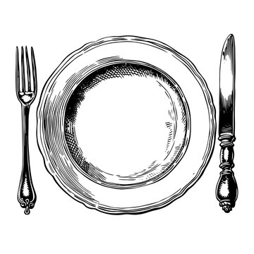 recommend clip art: 皿とナイフとフォークの銅版画のベクターイラスト。