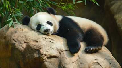 Fototapeta premium Adorable giant panda bear taking a nap on a rock in a zoo, surrounded by bamboo leaves. A cute moment of relaxation captured in a wildlife setting.