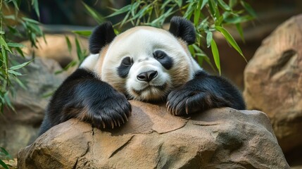Fototapeta premium Adorable giant panda bear taking a nap on a rock in a zoo, surrounded by bamboo leaves. A cute moment of relaxation captured in a wildlife setting.