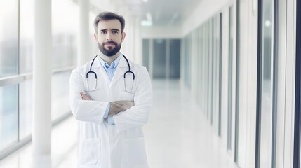 A male doctor stands in a hospital hallway with his arms crossed.